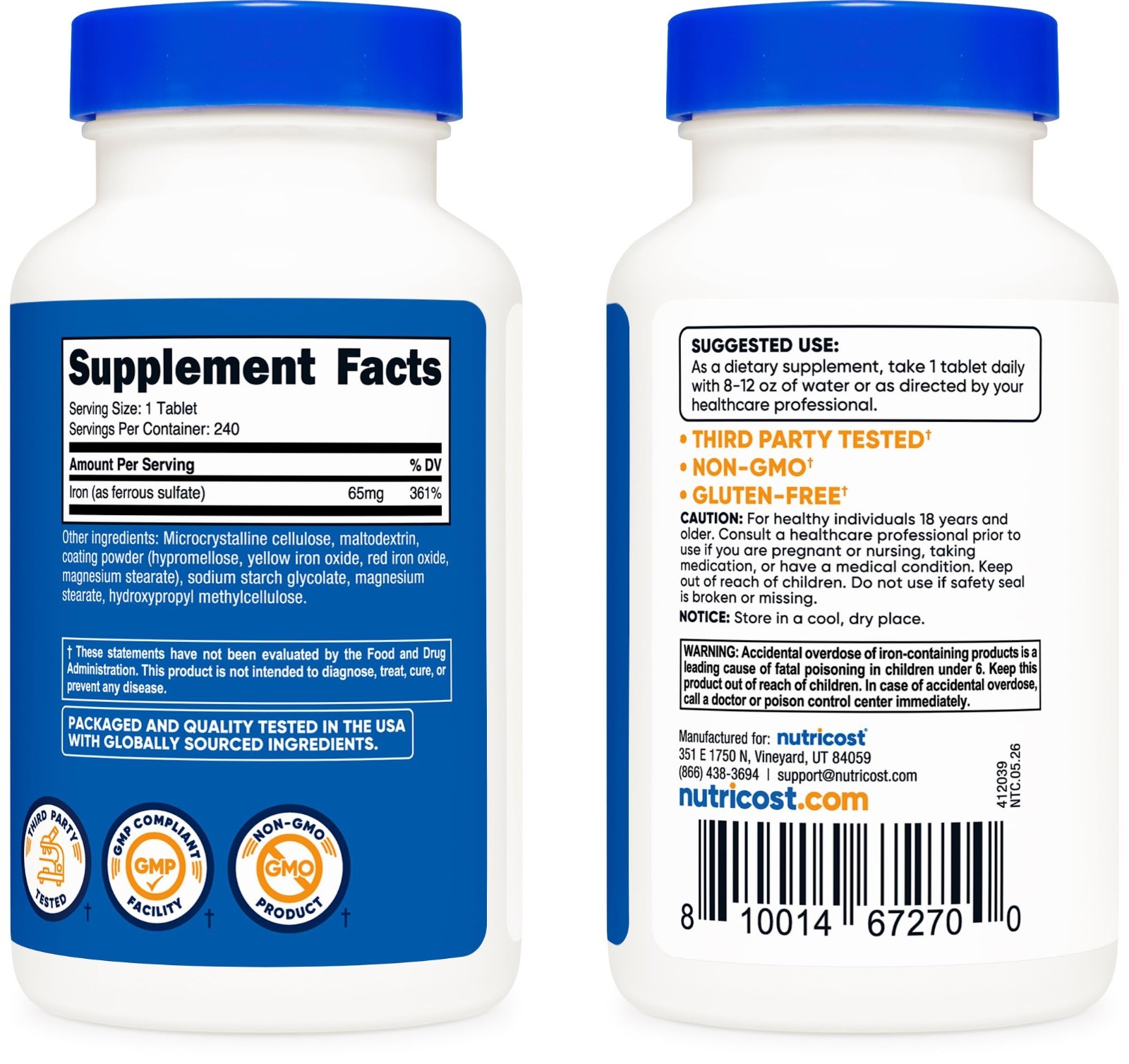 Iron Supplement 65mg (Ferrous Sulfate) – 240 Tablets, Gluten-Free, Non-GMO