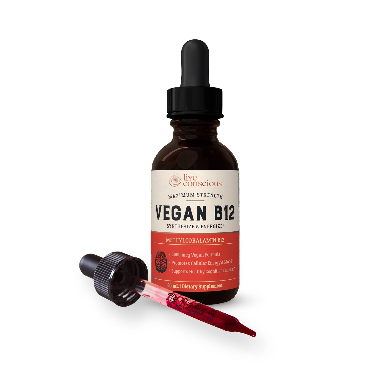 Live Conscious Vegan B12 Sublingual Drops 5000mcg Energy Memory Immune 60 Servin