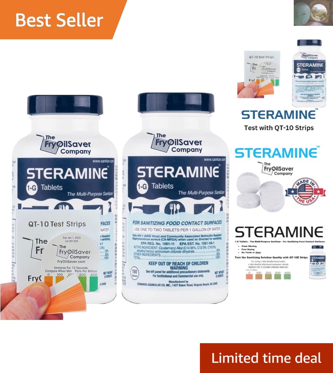 2 Bottles Steramine Sanitizer Tablets + 15 QT-10 Strips, 300 Total Tablets
