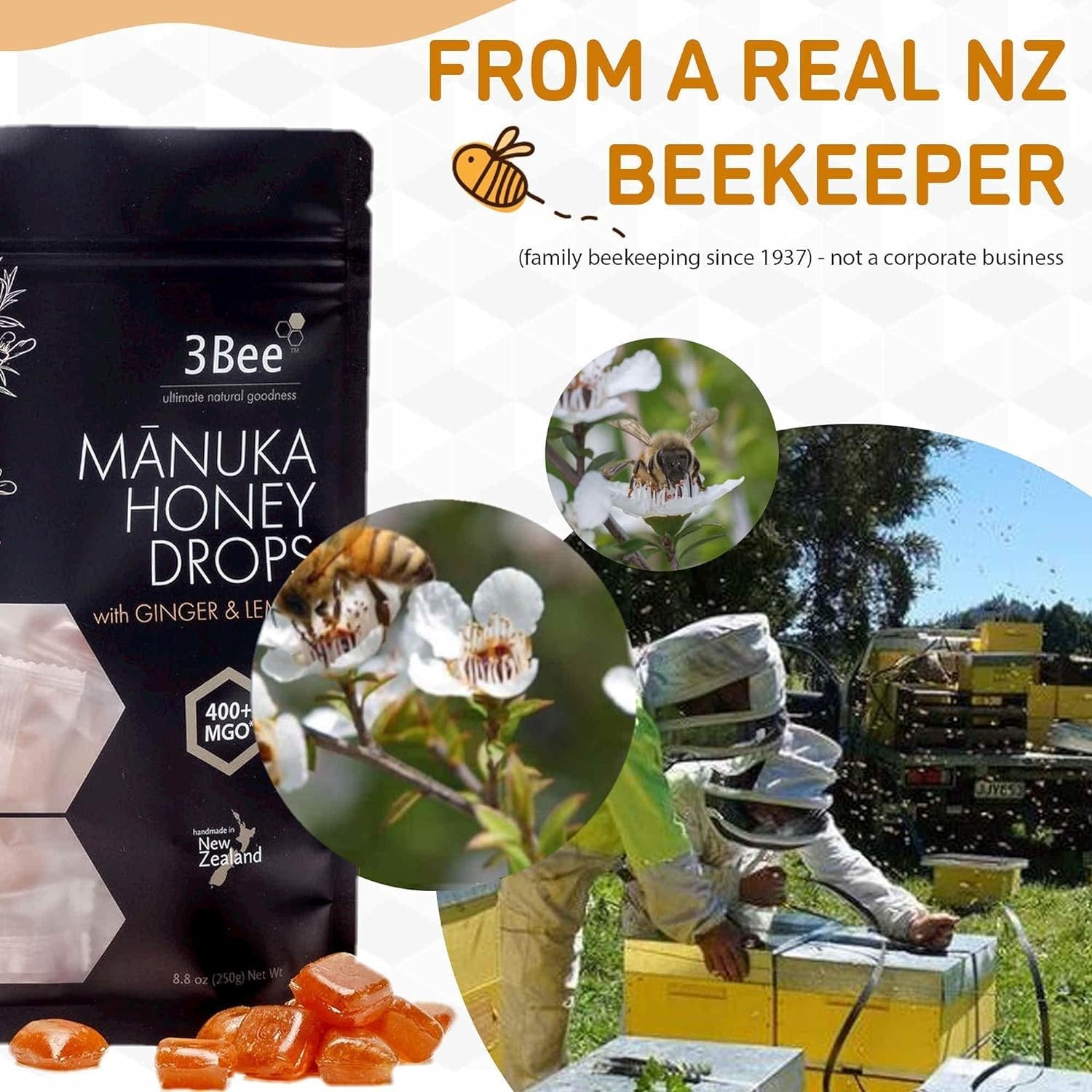 3Bee Manuka Honey Drops 400+ MGO with Ginger & Lemon (17.6 oz (2 Pack))