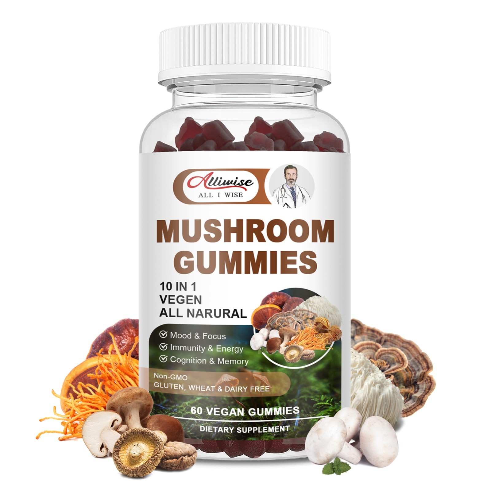 Mushroom Extract Complex Gummies Lions Mane Chaga Reishi Focus Memory Immunity