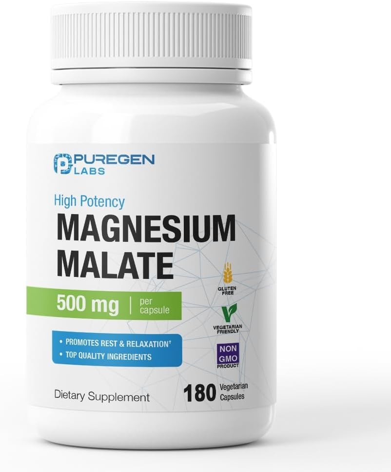 Puregen Labs Magnesium Malate | 500 mg. 180 Vegetarian capsules | Exp 5/28