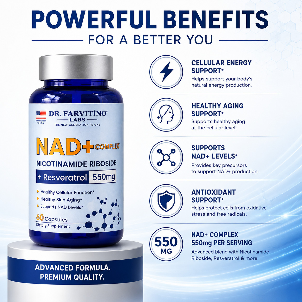 NAD+ 550mg Anti-Aging Formula – Resveratrol for Cellular Energy | 60 Caps