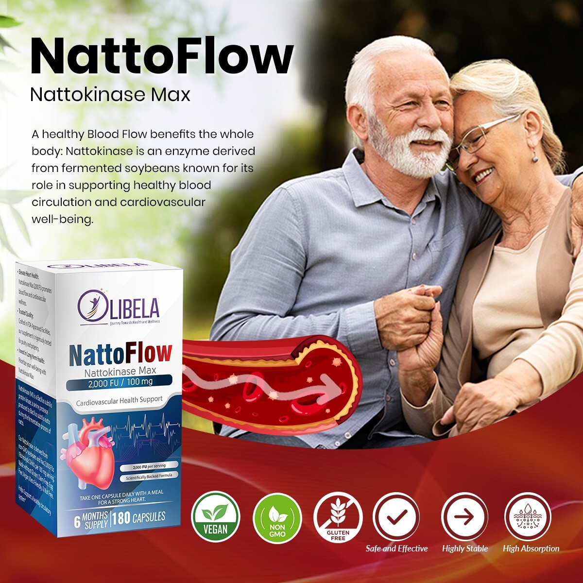 Nattokinase 2000FU 180 Capsules Cardiovascular Health Blood Flow Vegan – Olibela