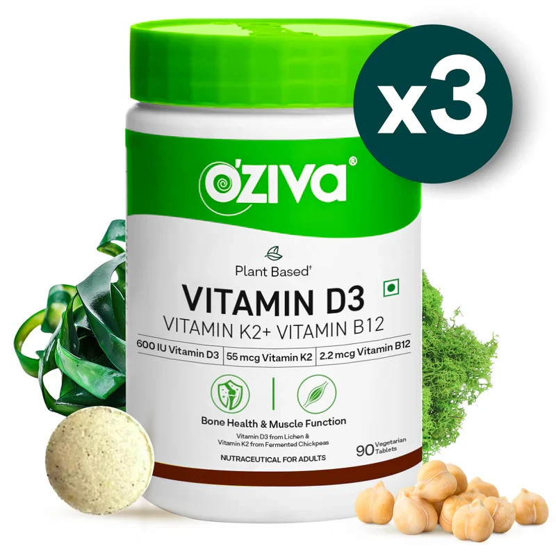 3 x OZiva Vitamin D3, K2, B12 Supports Stronger Bones & Muscles, 270 Veg Tablets