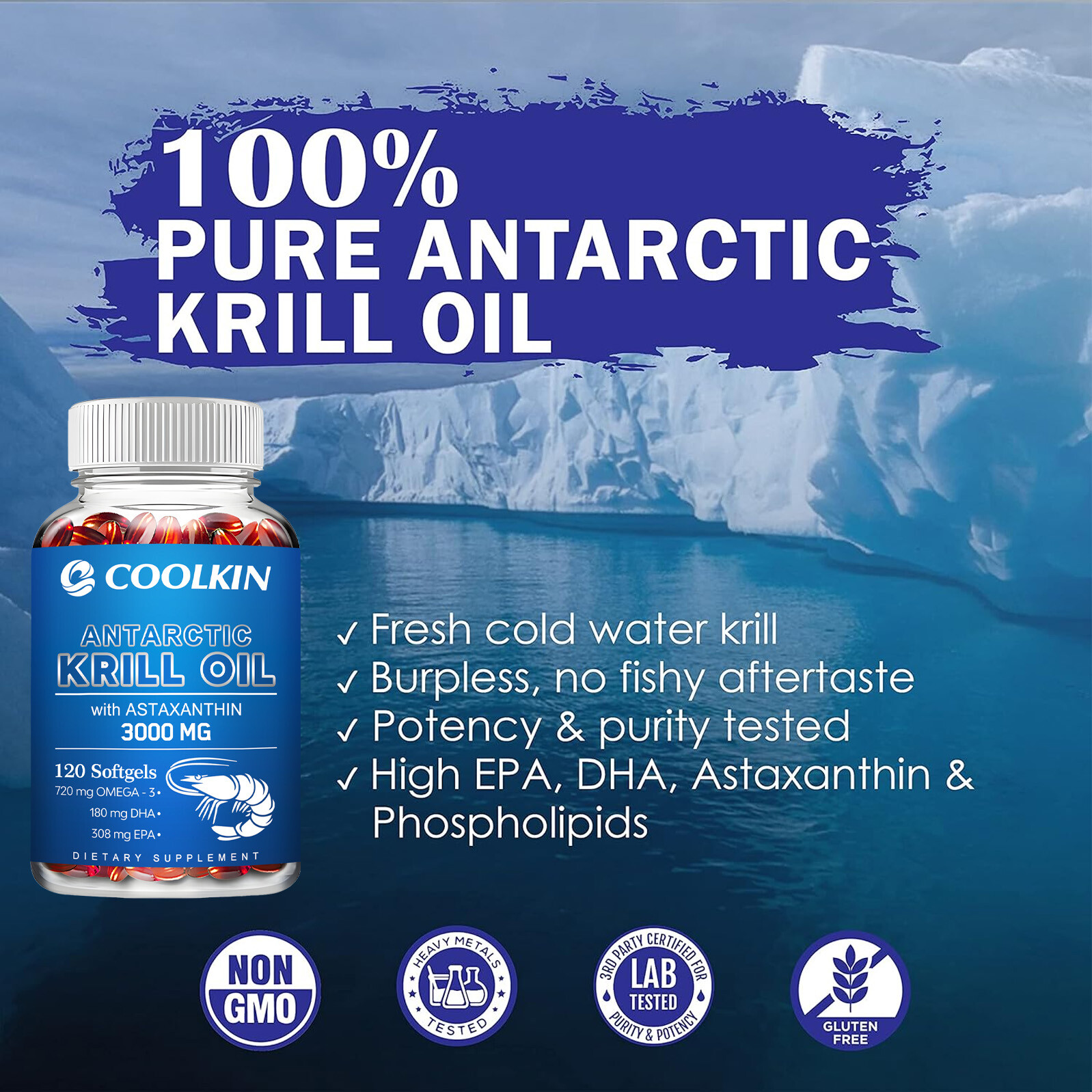 Antarctic Krill Oil 3000mg -with Omega-3 EPA, DHA, Astaxanthin and Phospholipids