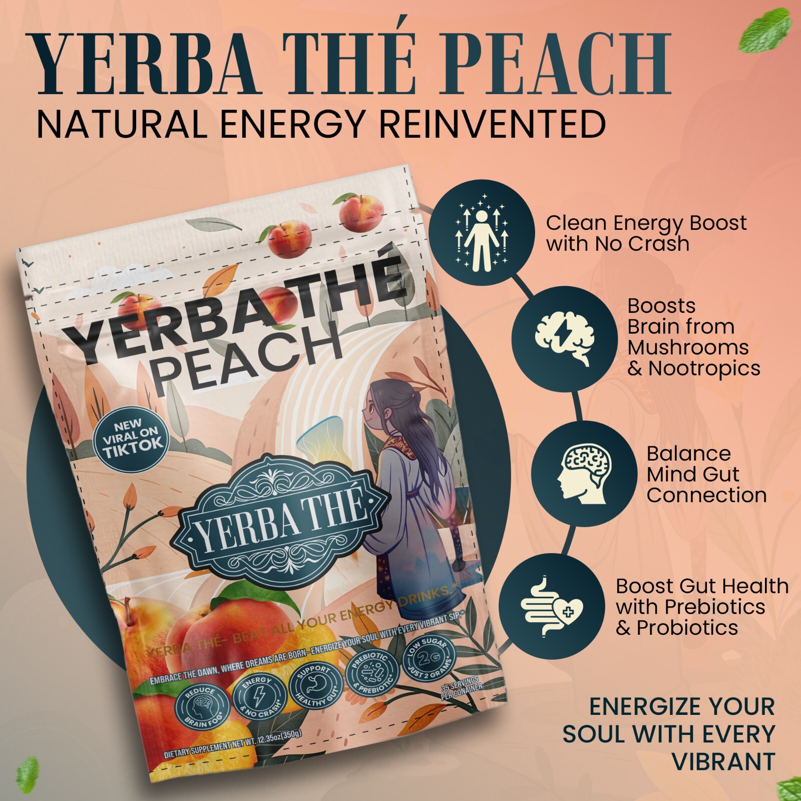 Yerba Mate Instant Tea Powder | Peach Flavor | 35 Servings