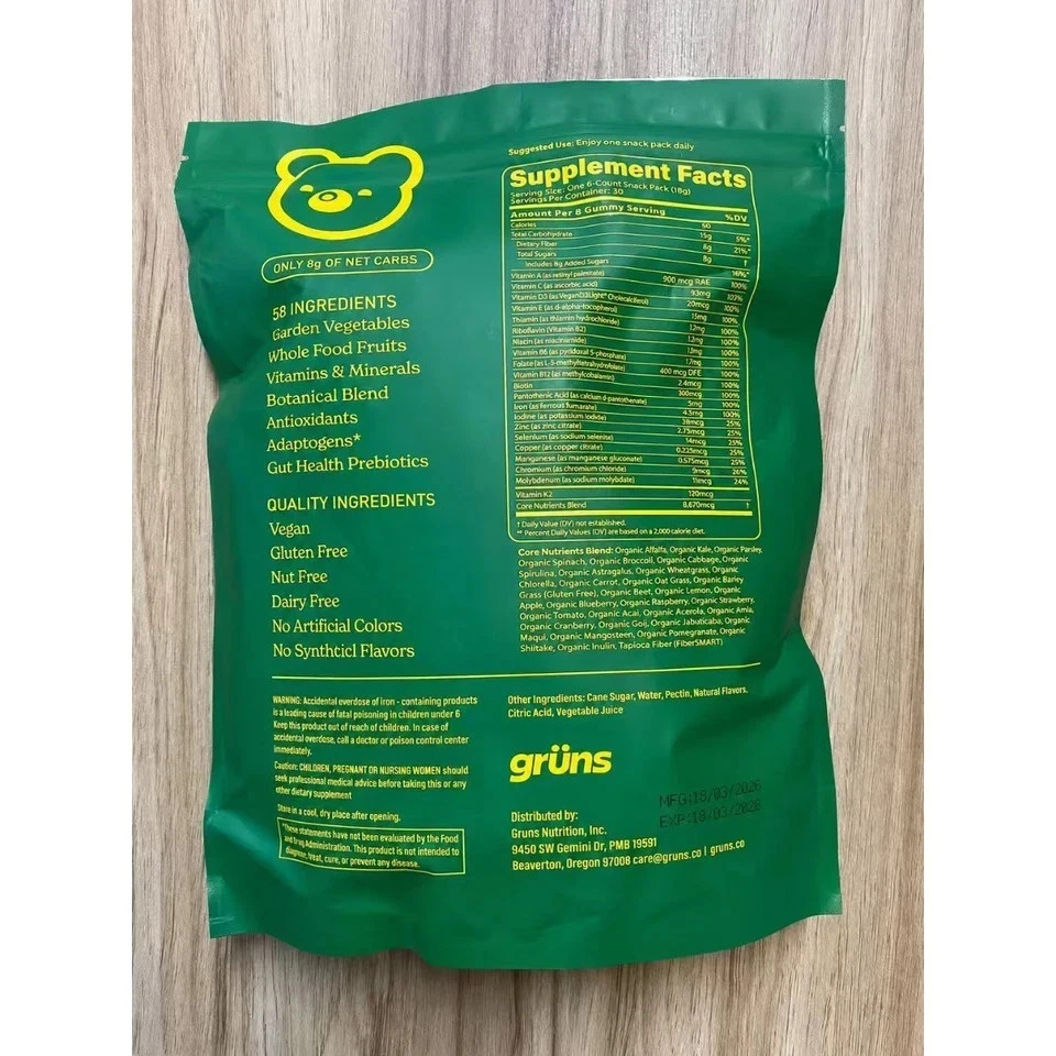 Gruns SuperFood Greens Gummies – Low Sugar – 28 Pack