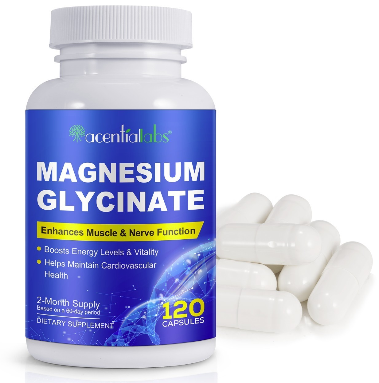 Magnesium Glycinate 1040mg 120 Capsules for Calm Stress, Sleep, Leg Cramp, Heart
