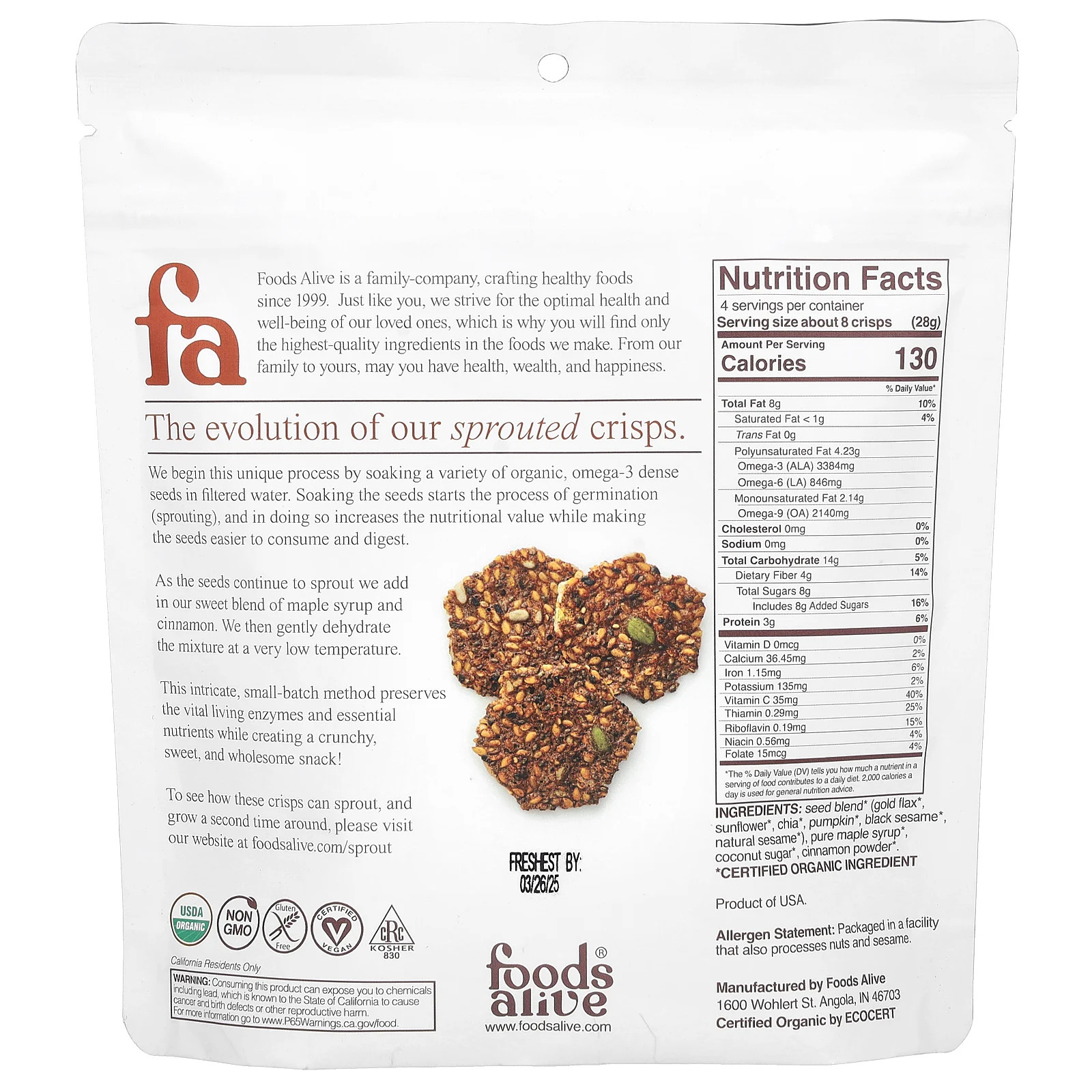 Sprouted Crisps, Maple & Cinnamon, 4 oz (113 g)