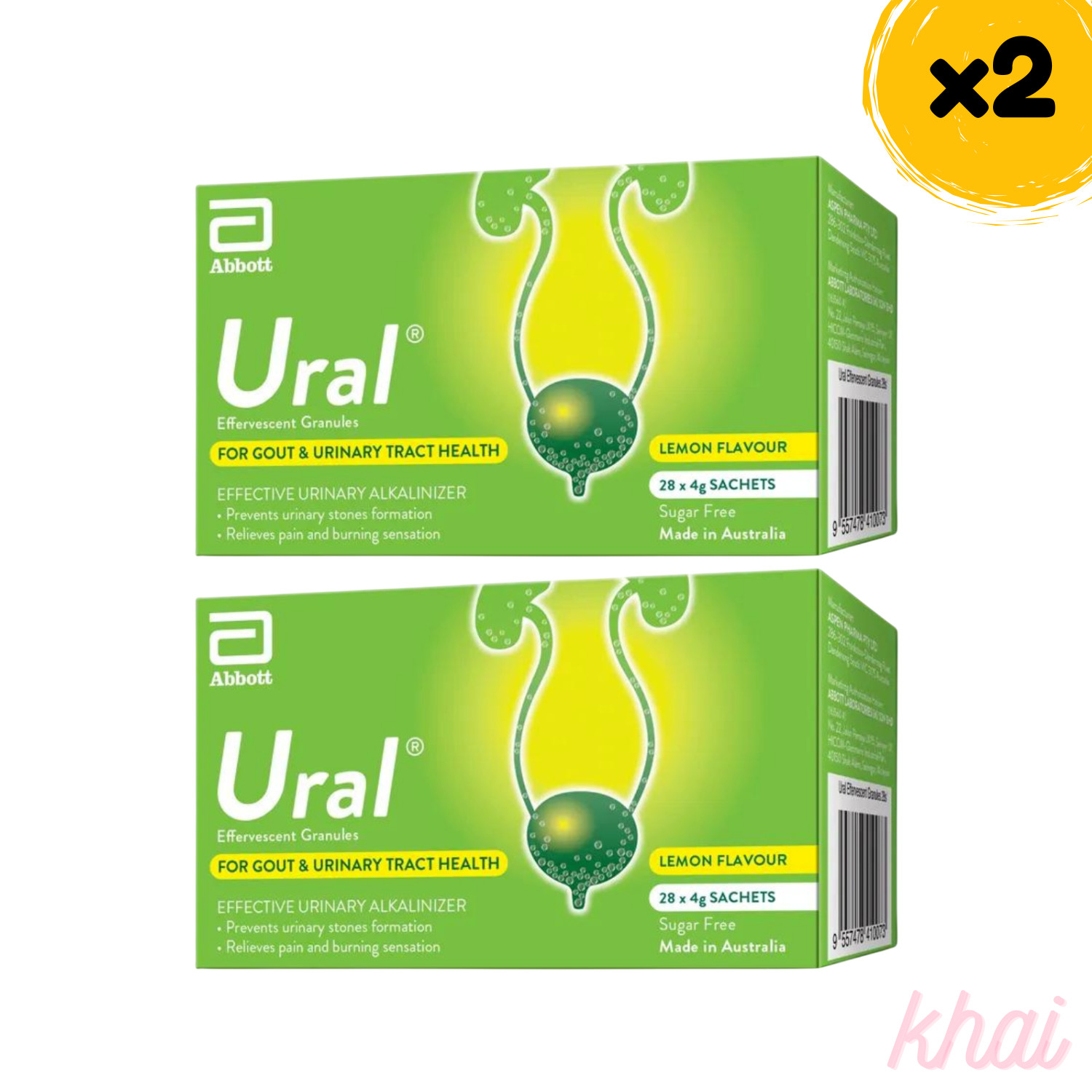 2x Abbott Ural Effervescent Granules Urine Alkalinizer 4g x 28 sachets
