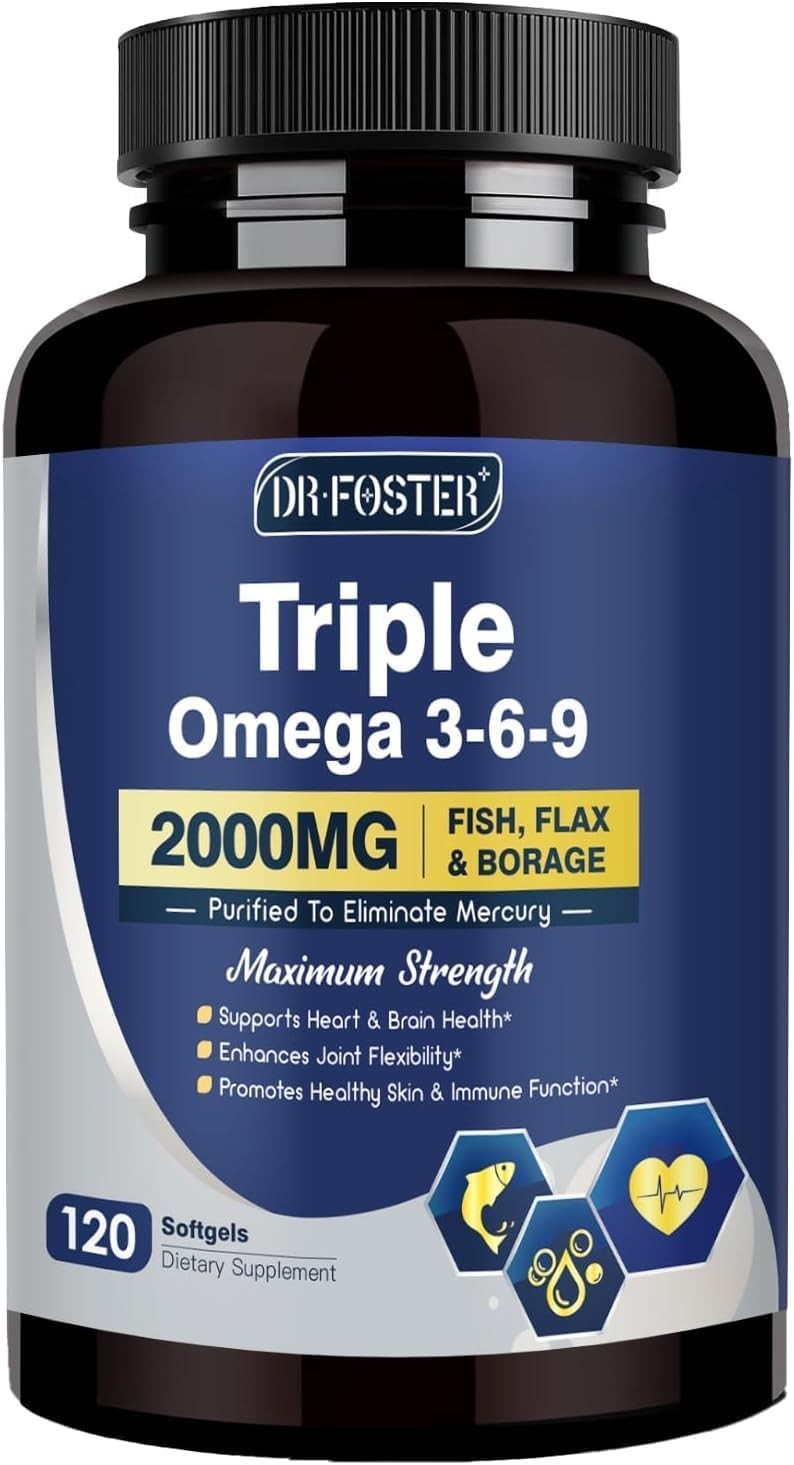 Triple Omega 3- 6 -9 Fish Oil 2000mg w Vitamin E 120 Softgels Non GMO