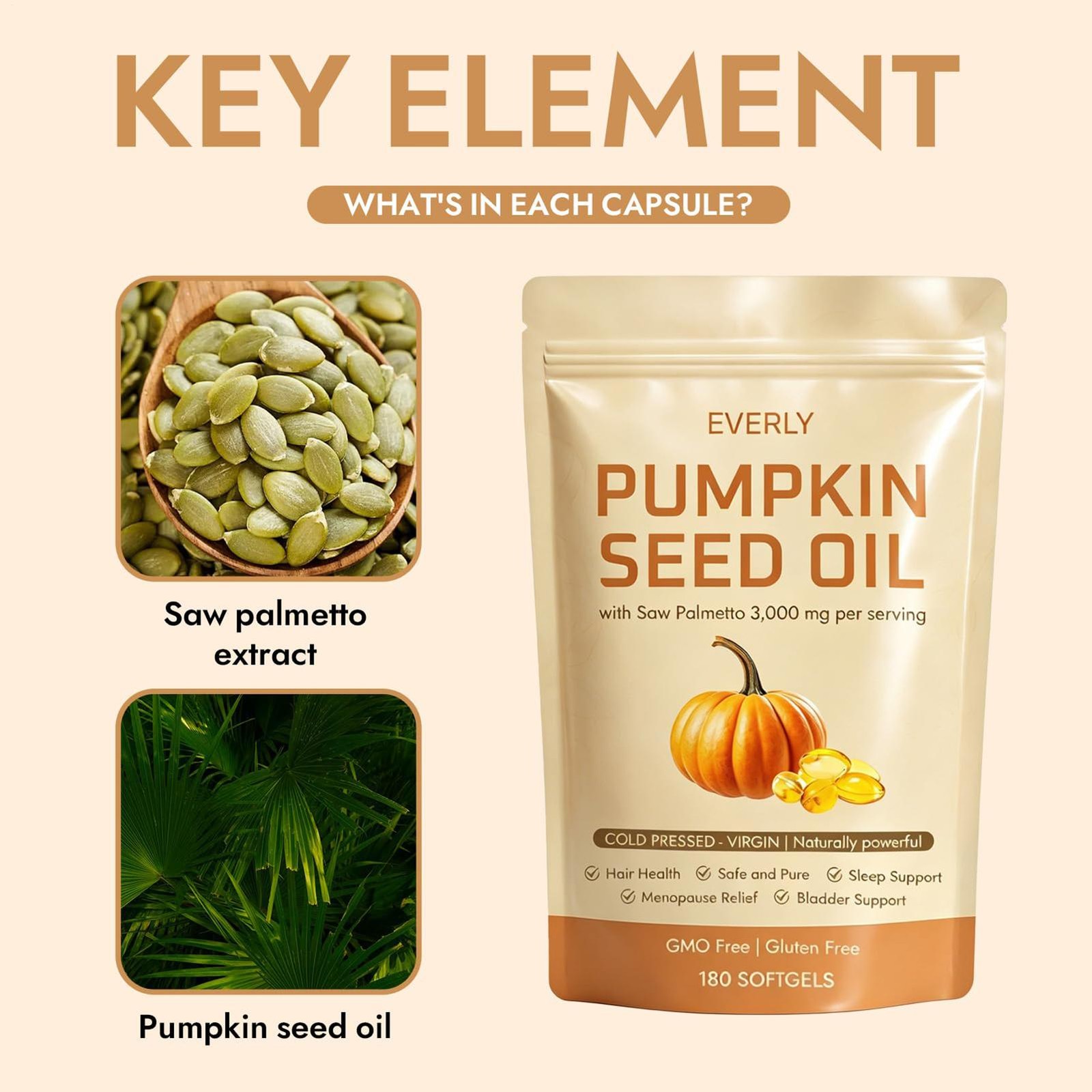 Everly Pumpkin Seed Oil 3000mg Saw Palmetto Daily Body Wellness 180 Softgels