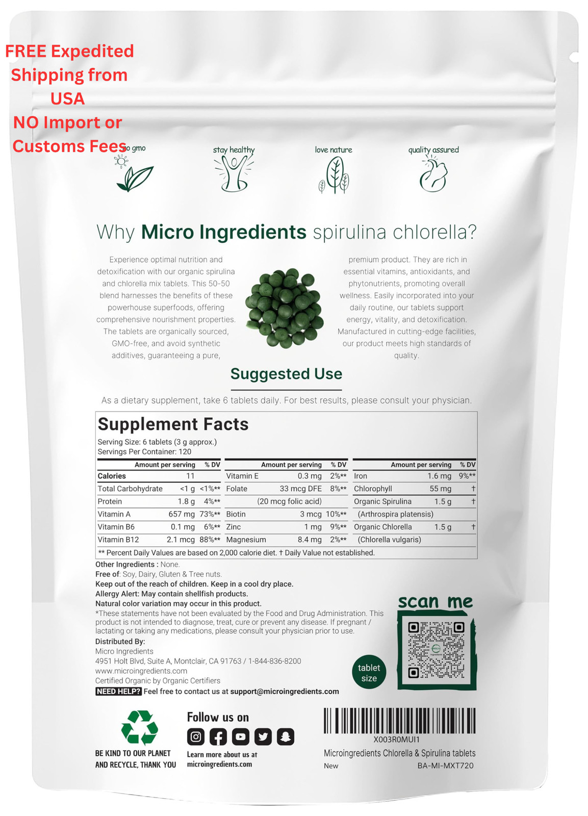 Micro Ingredients Organic Chlorella Spirulina 3000mg Tablets & Vitamin D3…