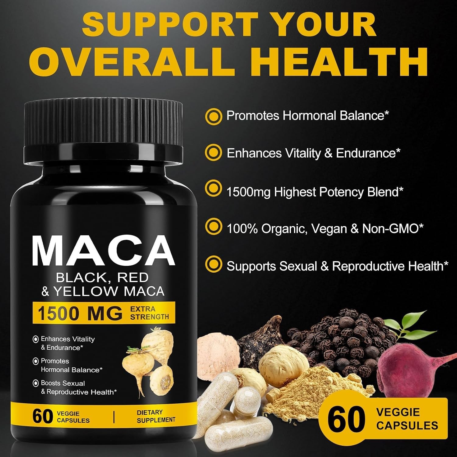 Maca Orgánica 1500mg Raíz Peruana Negra Roja Amarilla 60 Cápsulas Veganas