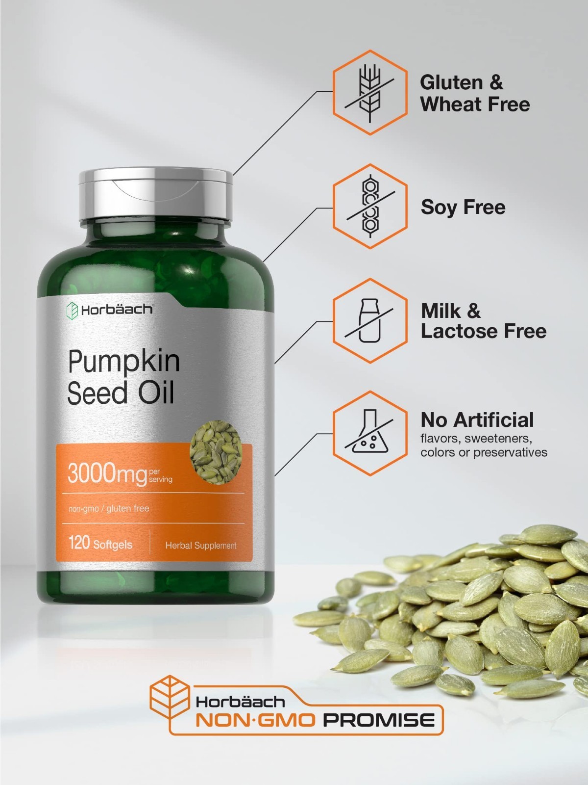 Pumpkin Seed Oil Capsules | 3000mg | 120 Softgels | Cold Pressed | by Horbaach