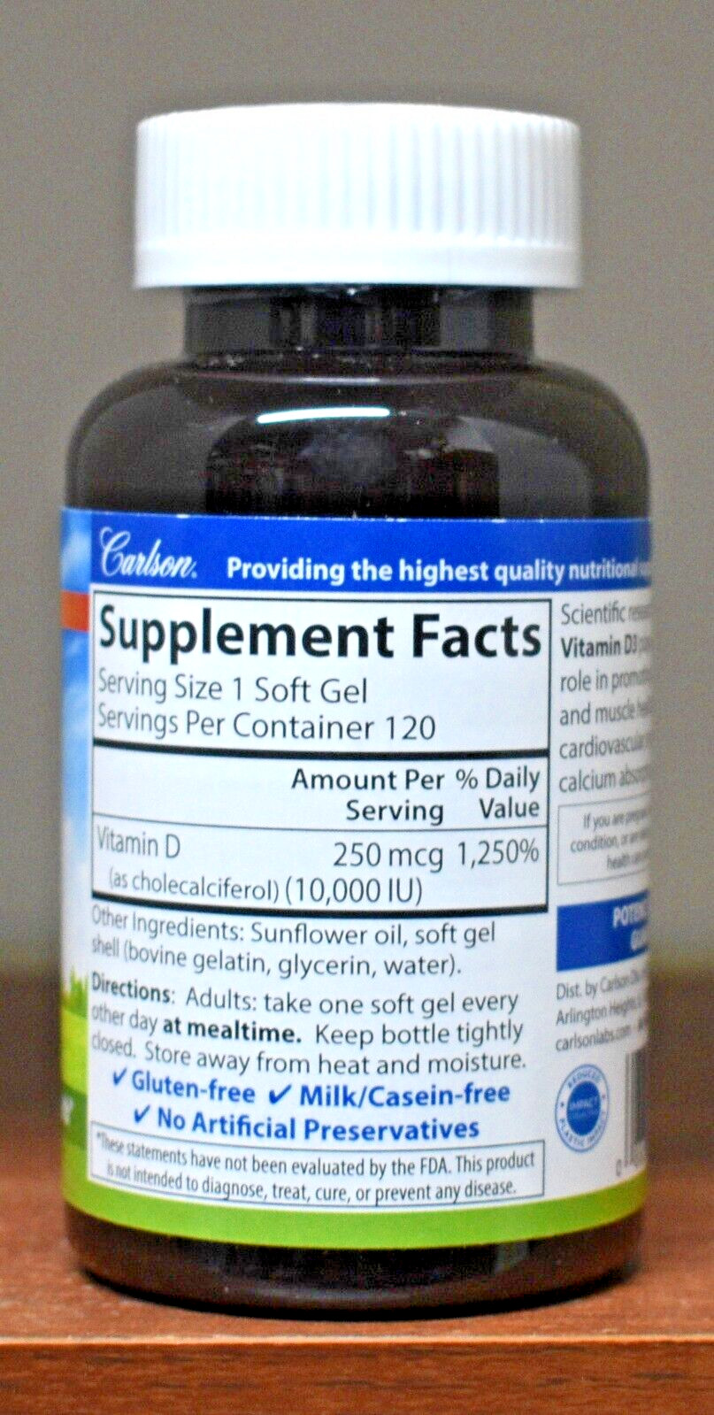 Carlson Vitamin D3 250mcg (10,000 IU) 120 Soft Gels 250 mcg Vitamin D 10000IU