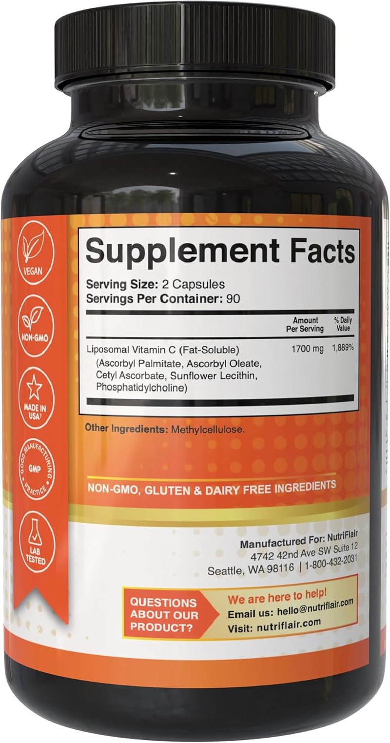 NutriFlair Liposomal Vitamin C 1700mg – 180 Vegan 180 180 Count (Pack of 1)