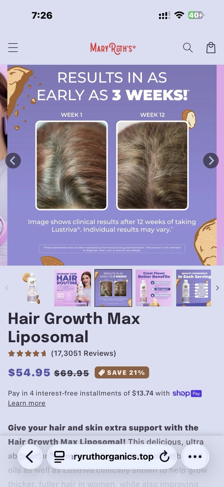 MaryRuth’s Hair Growth Max Liposomal Liquid Supplement Almond Cookie 15.22 oz