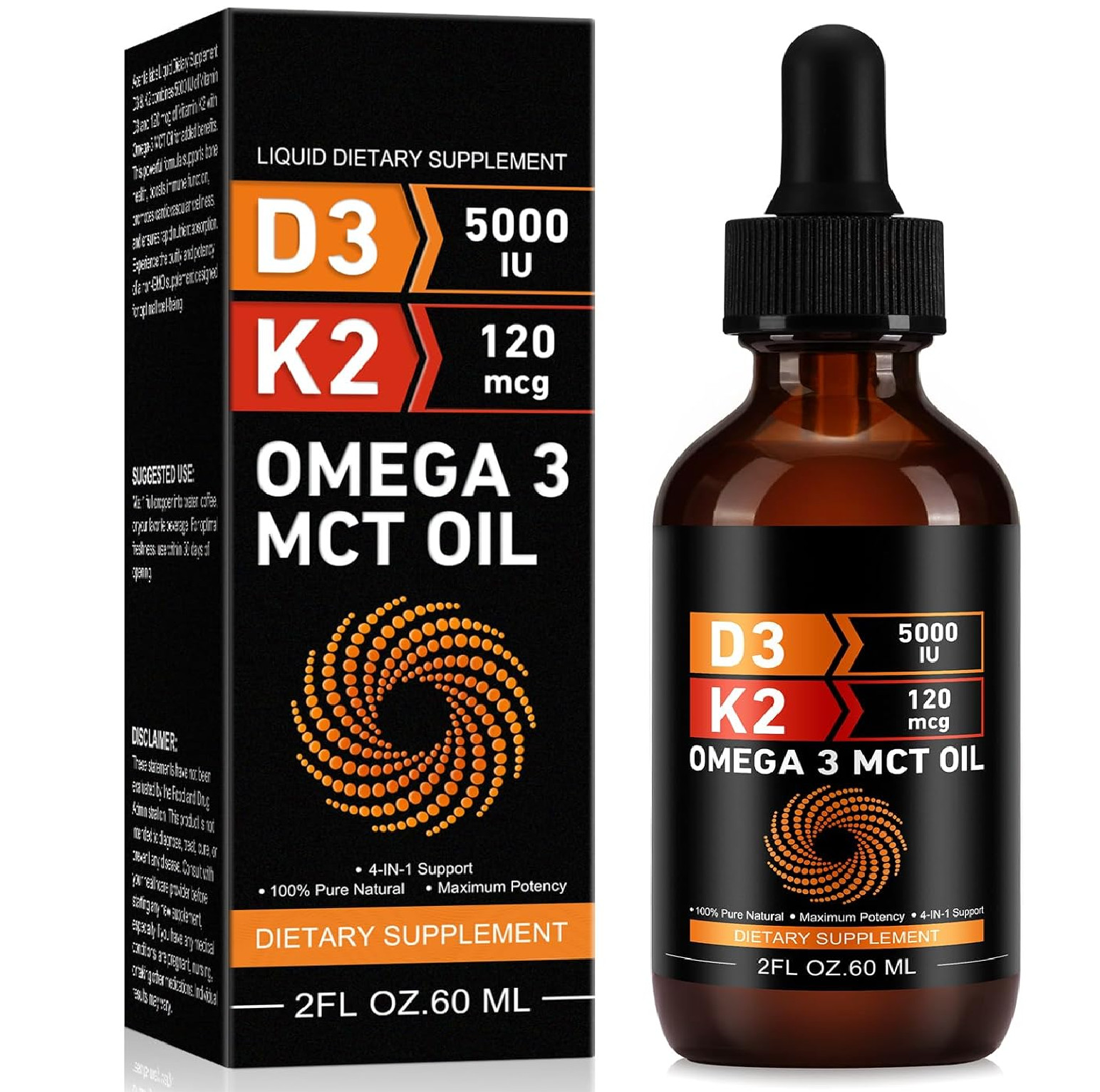 Daiasns Vitamin D3 5000 IU & K2 (MK-7) 120 mcg 60ml Drops with MCT Oil Omega 3,