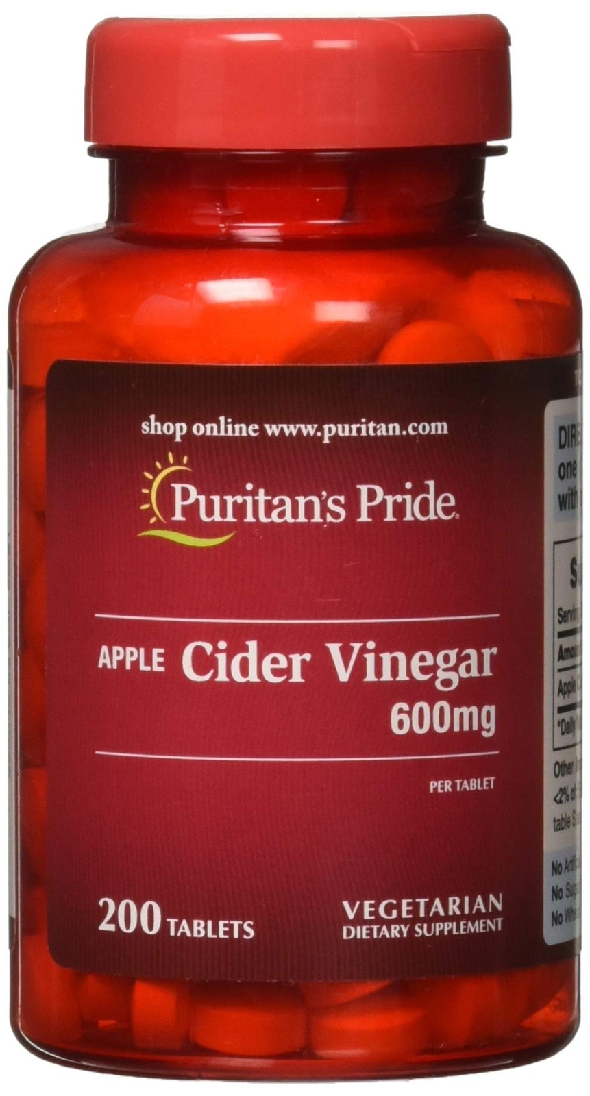 Puritans Pride Apple Cider Vinegar 600 mg Tablets, 200 Count (Packing May Vary)