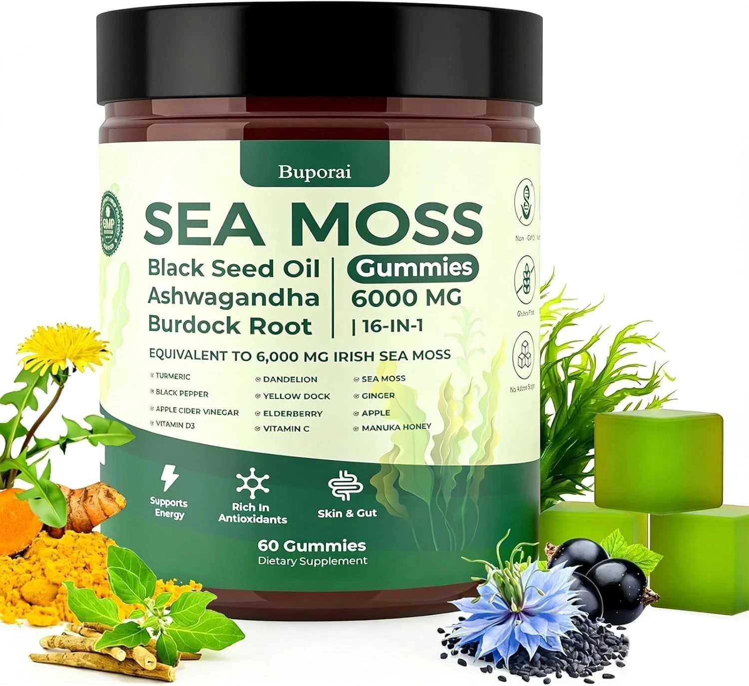 Natural Rems Sea Moss Gummies 16-in-1 – Ashwagandha Black Seed Oil Bladder Wrack