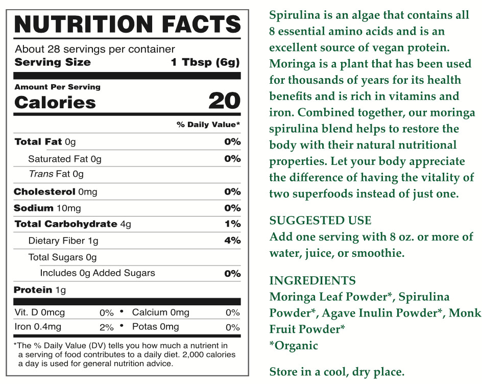 Moringa Spirulina blend Organic Superfood Mix Powder 6 oz by Cherie Sweet Heart