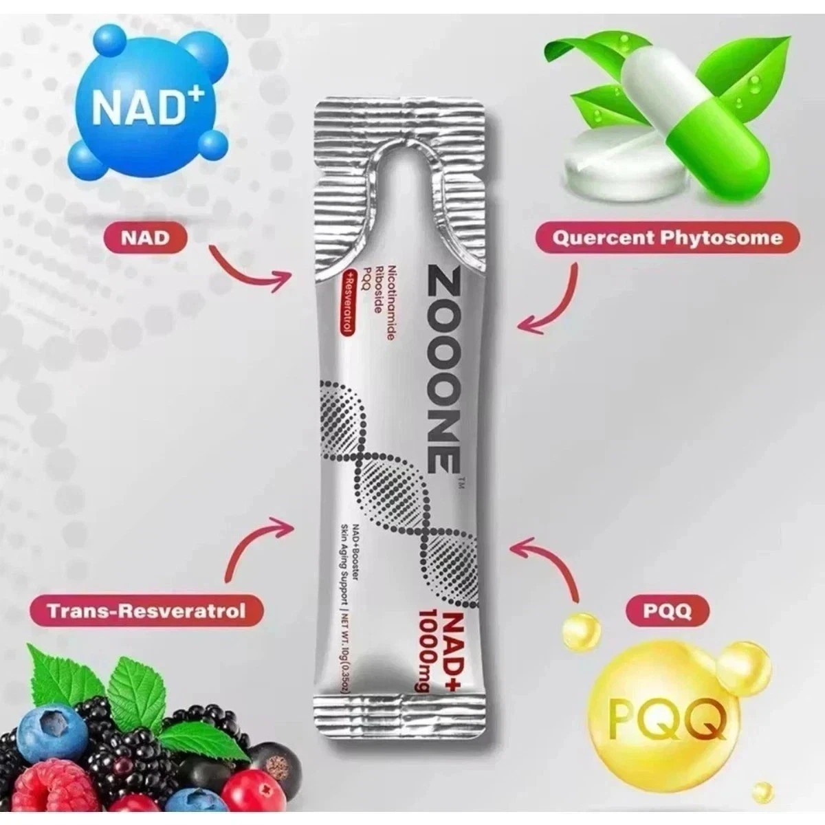 ZOOONE NR1000 NAD+ Drink Mix – Berry Flavor, 30 Pack, Skin Health & Energy