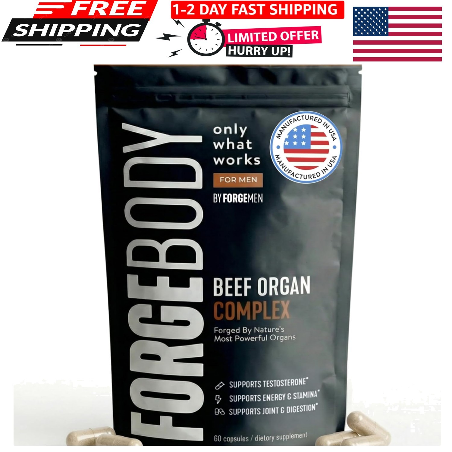 FORGEBODY® Beef Organ Complex Capsules [1 ] – 1 Count (Pack of 1), Brown