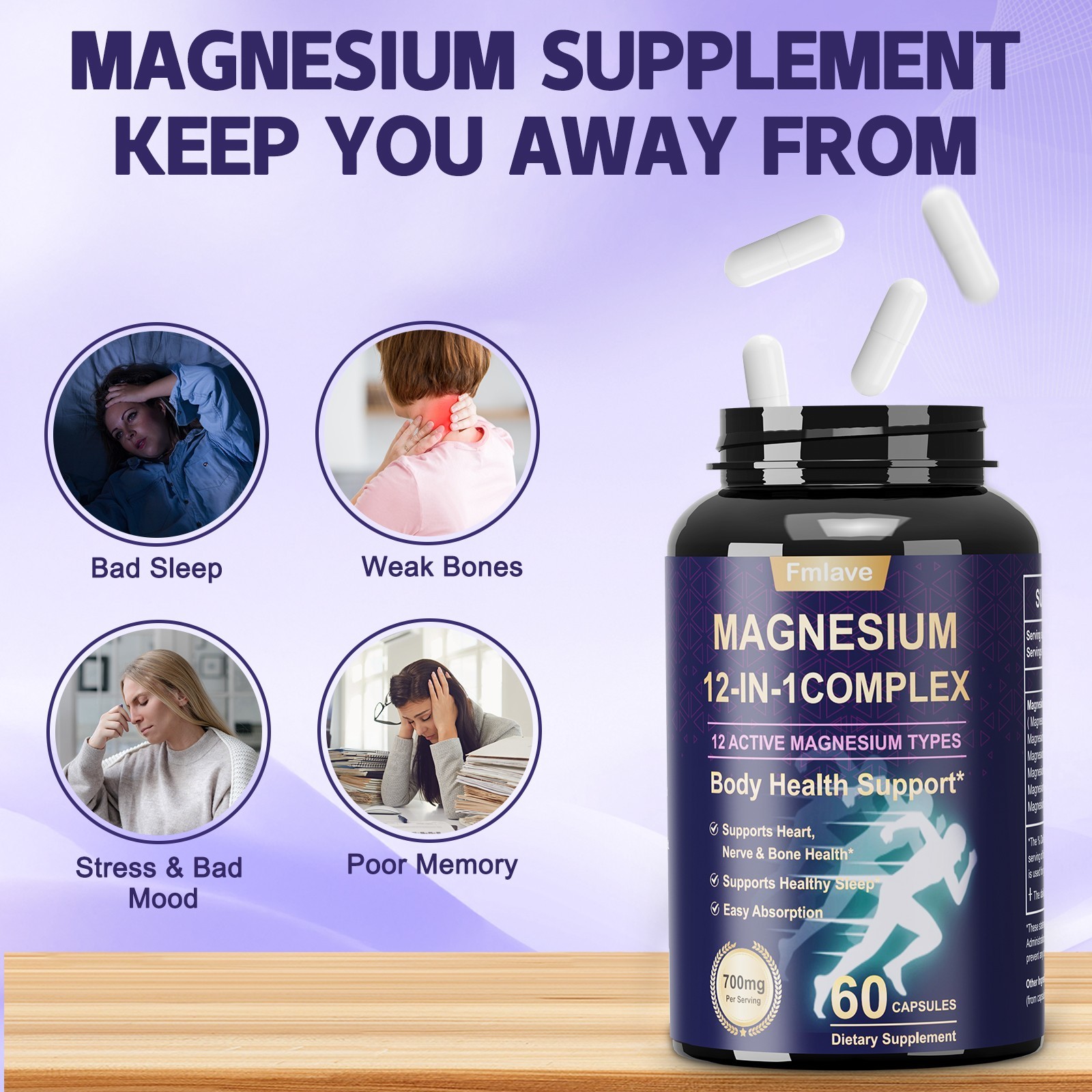 12 in 1 Magnesium Complex Supplement 700mg Glycinate, Malate and Citrate 120 Cap