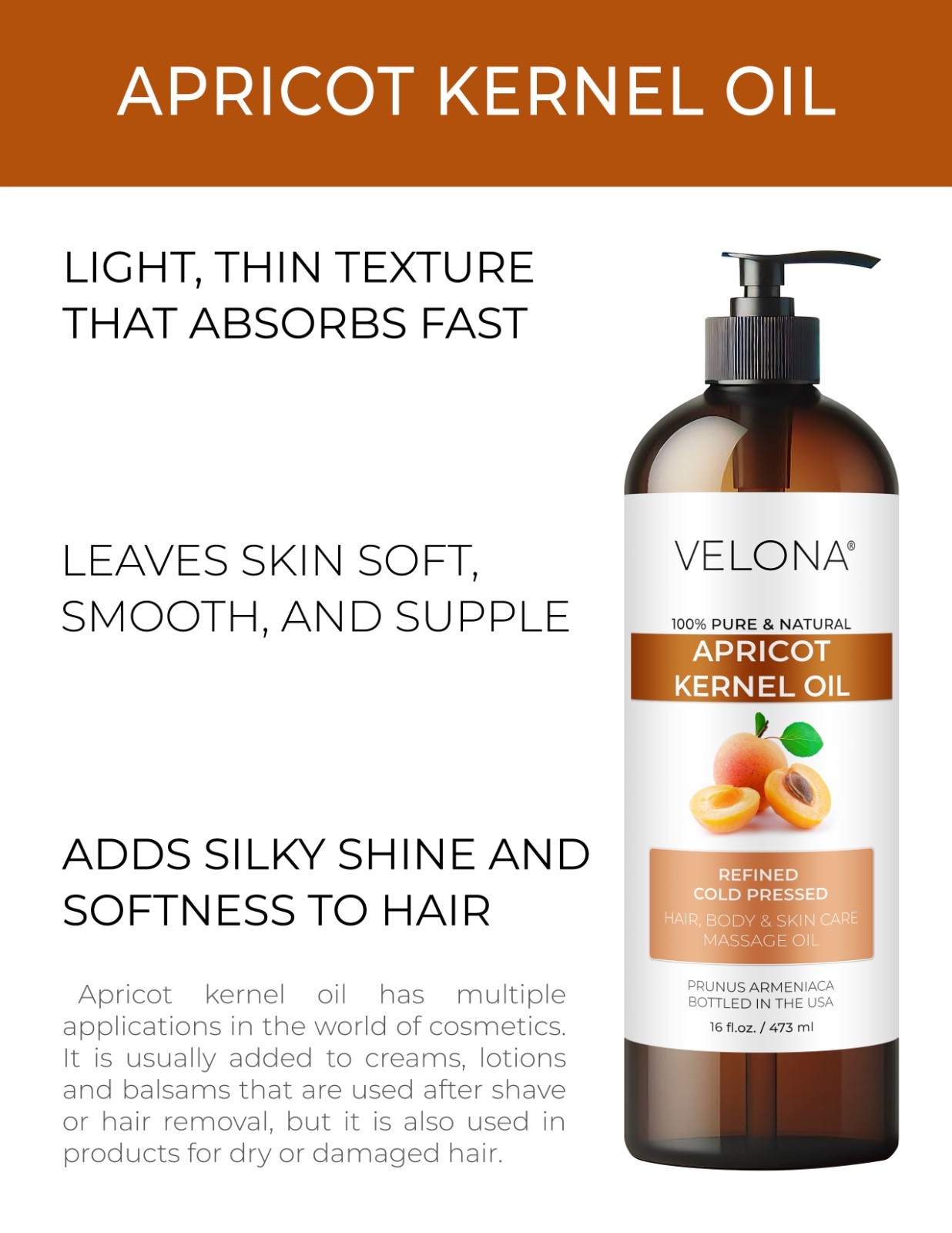 Apricot Kernel Oil 2oz-7lb REFINED NATURAL CARRIER Expeller Pressed PURE VELONA