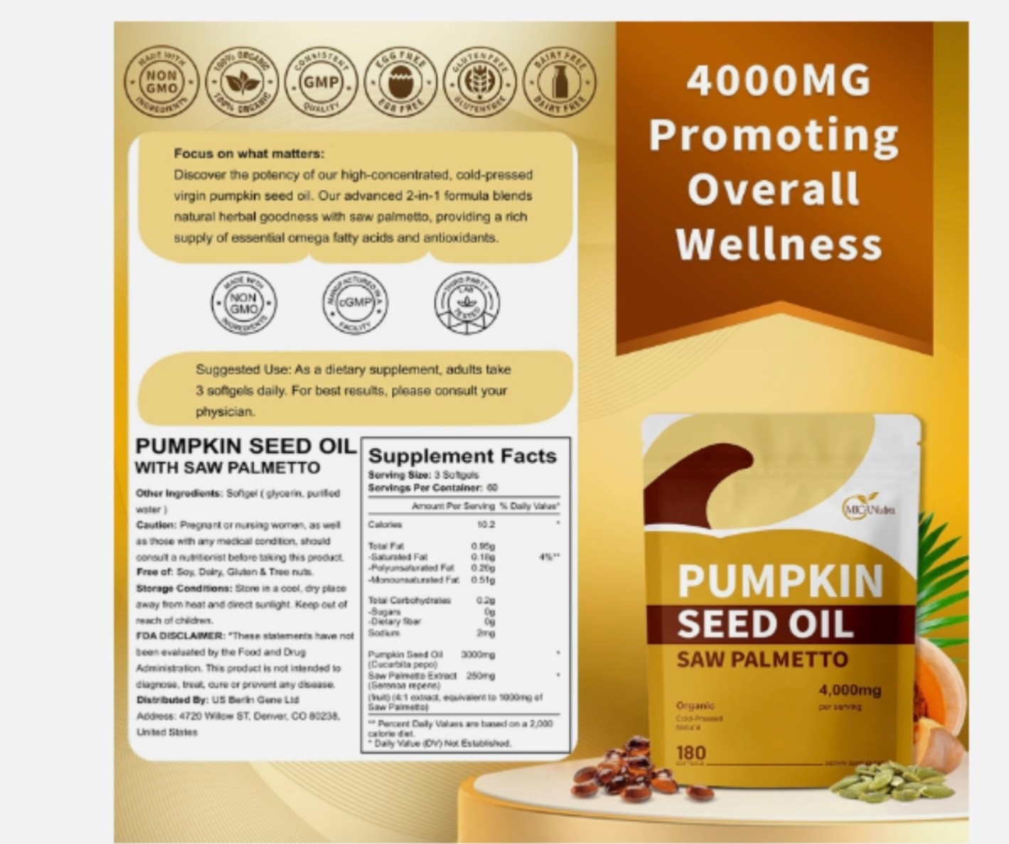 Pumpkin Seed Oil with Saw Palmetto 180-count Energy Booster Body Support Tablets