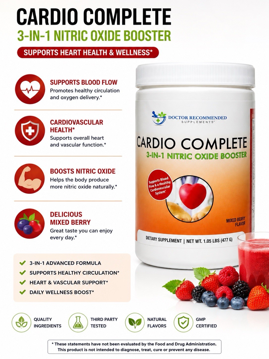 Cardio Complete – Heart Health Support Powder Supplement – 3-in-1 Nitric Oxid…