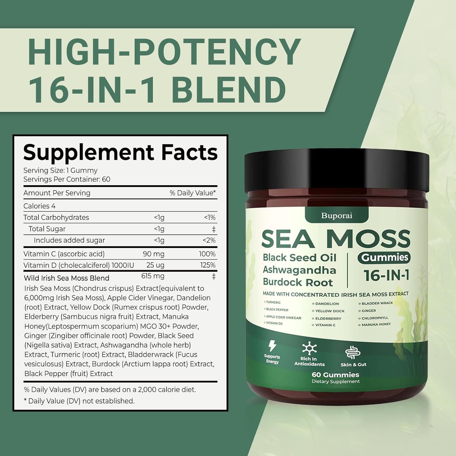 Natural Rems Sea Moss Gummies 16-in-1 – Ashwagandha Black Seed Oil Bladder Wrack