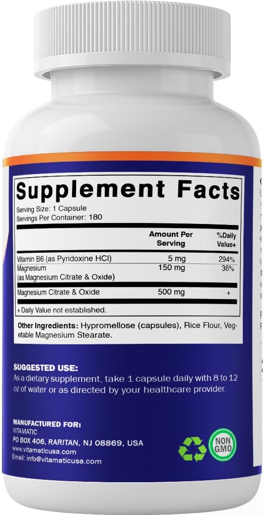Vitamatic Magnesium Citrate 500mg per Serving 180 Count (Pack of 1), No Color