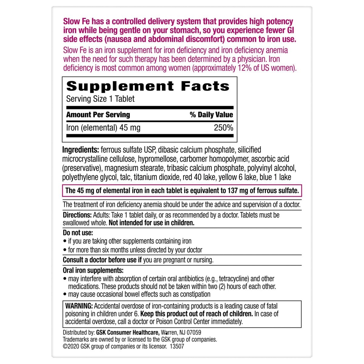 Slow Fe Slow Release Iron Supplement Tablets – 60ct: 45mg Per Serving