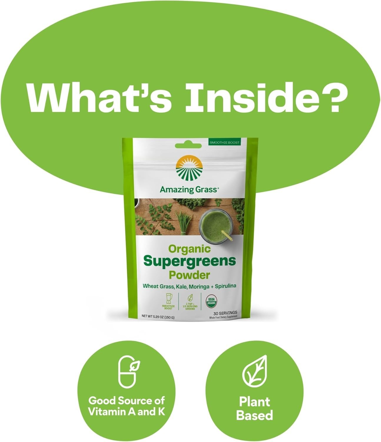 Nutrient-Packed Greens Powder with Spirulina & Wheat Grass – 5.29 Oz Canister