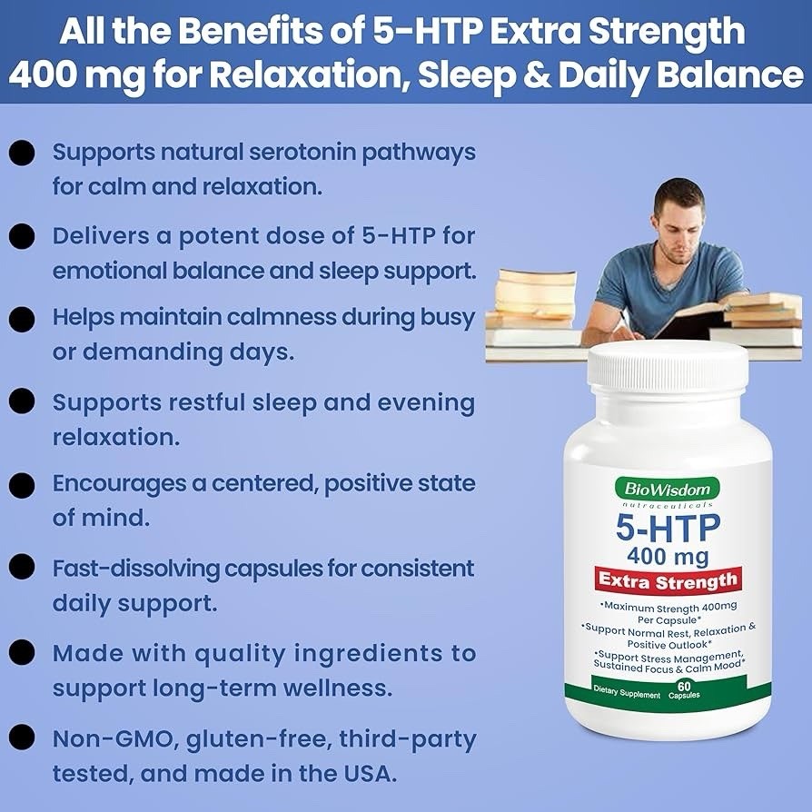 BioWisdom 5-HTP 400mg Extra Strength Stress Management Veg Capsules Exp:02/2029
