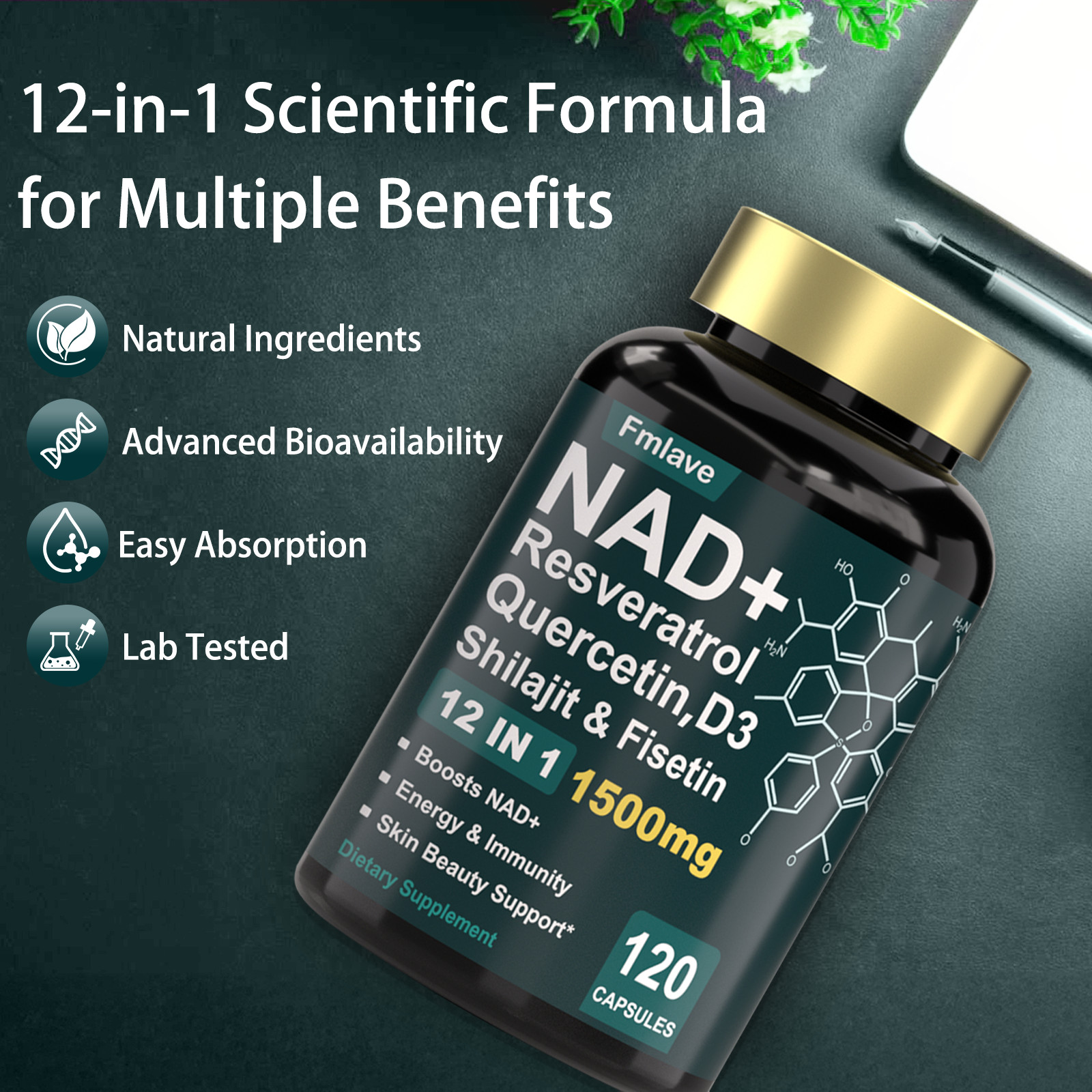 NAD supplement, 1500mg resveratrol containing supplement, 120 capsules USA Ship