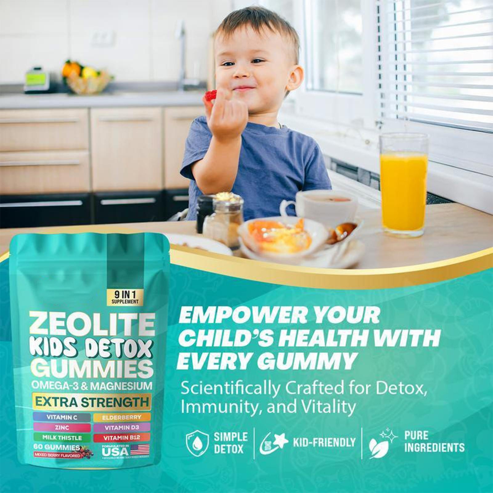 Enhanced Zeolite Kids Detox Gummies Mixed Berry Flavored All-in-One 60 Gummies