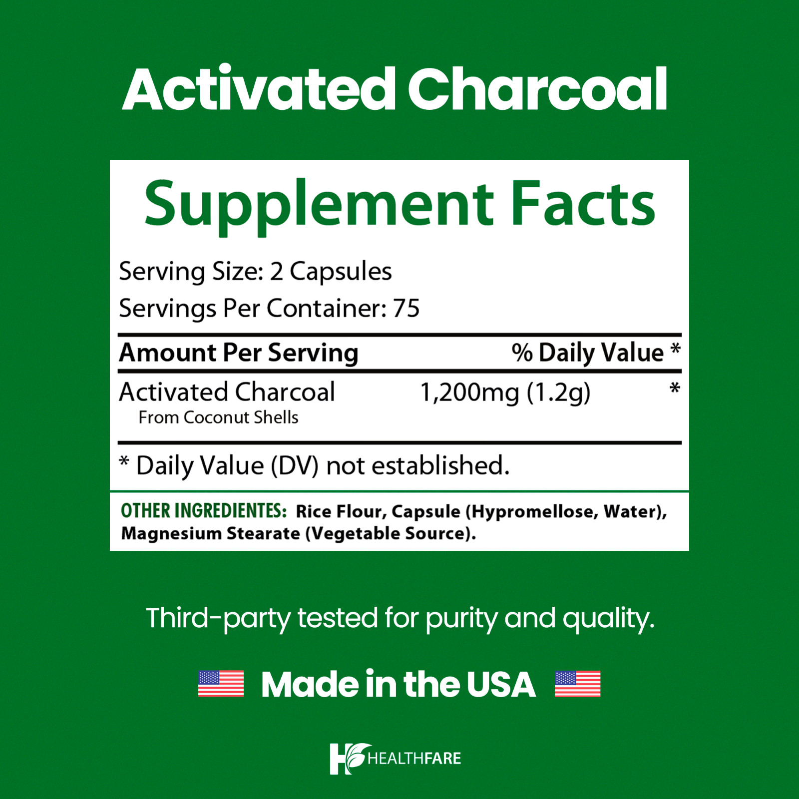 HealthFare Activated Charcoal Vegan Capsules 1200mg 150 Highly Absorbent