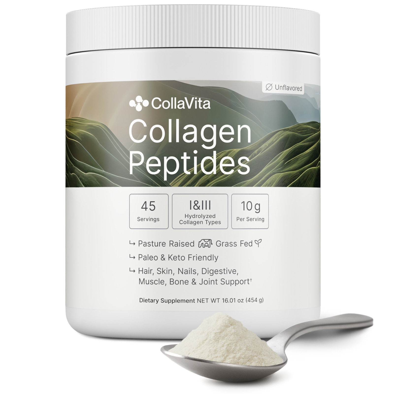 Grass-Fed Collagen Peptides Powder Hydrolyzed Type I III Hair Skin Joint 16oz