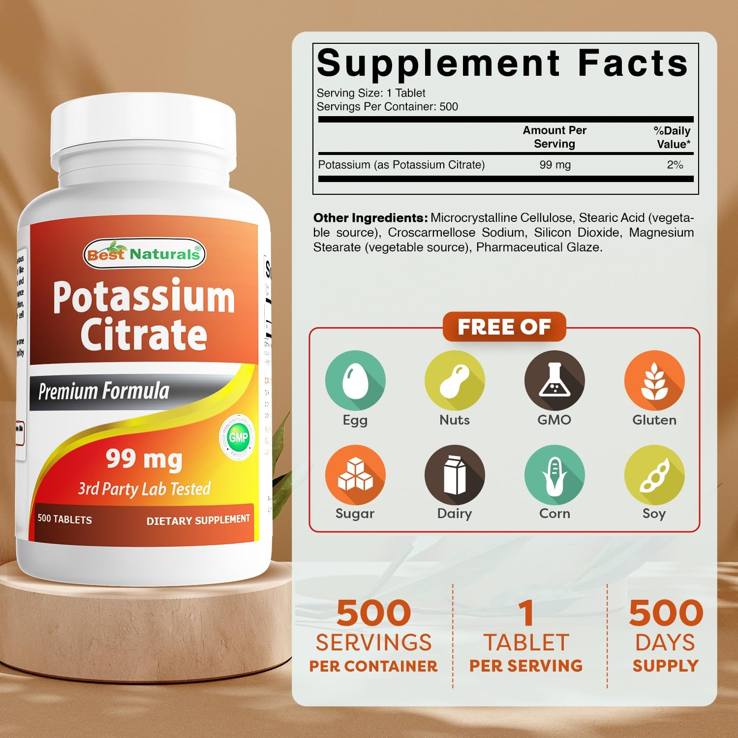 Best Naturals Potassium Citrate 99mg 500 Tablets – 3rd Party Lab Tested
