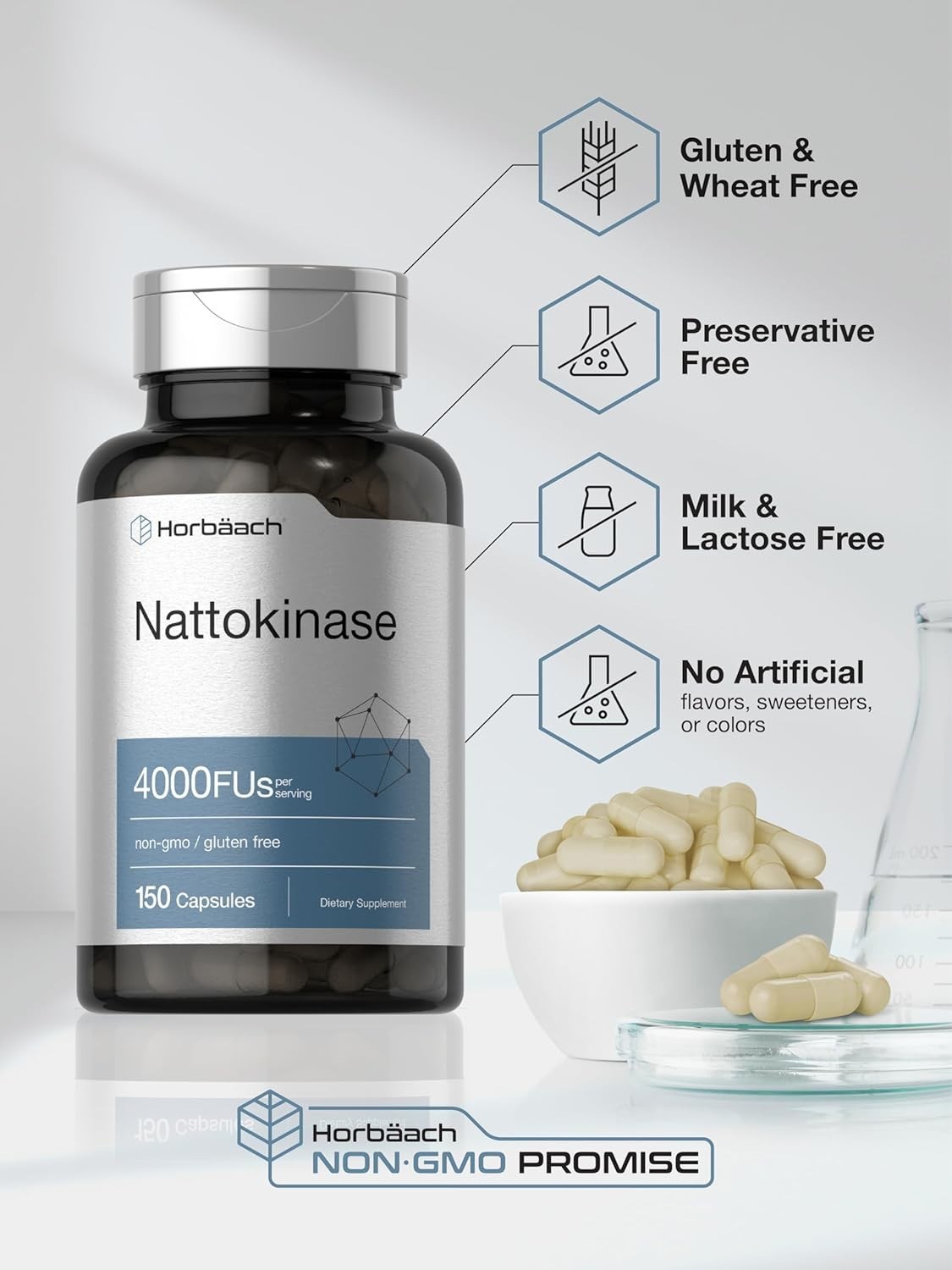 Nattokinase Capsules 4000 FU | 150 Count | Non-GMO, Gluten Free | by Horbaach