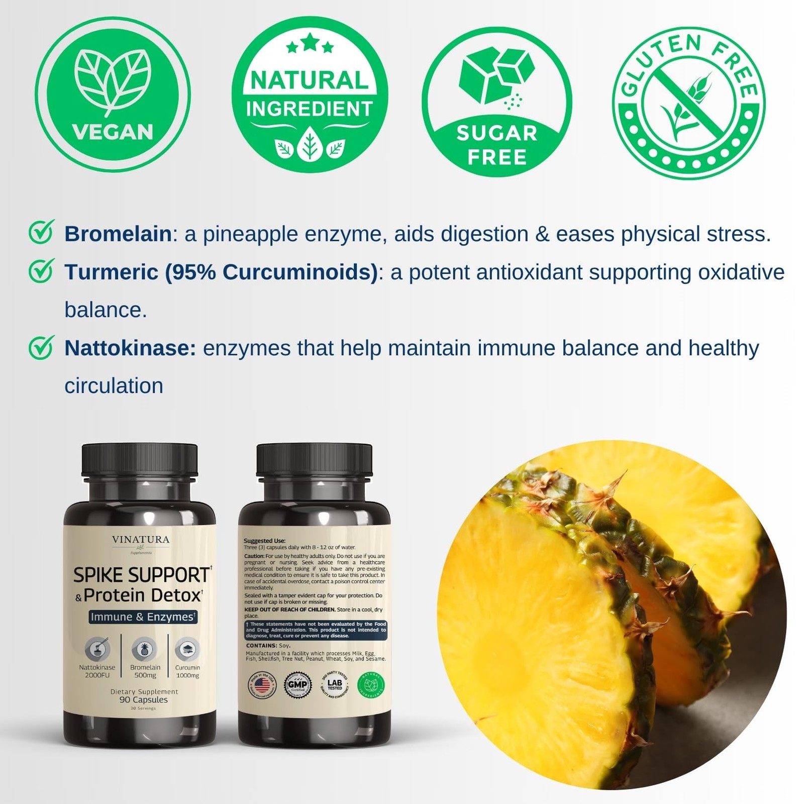 Spike Protein Detox Supplement – Curcumin, Bromelain & Nattokinase – 90 Capsules