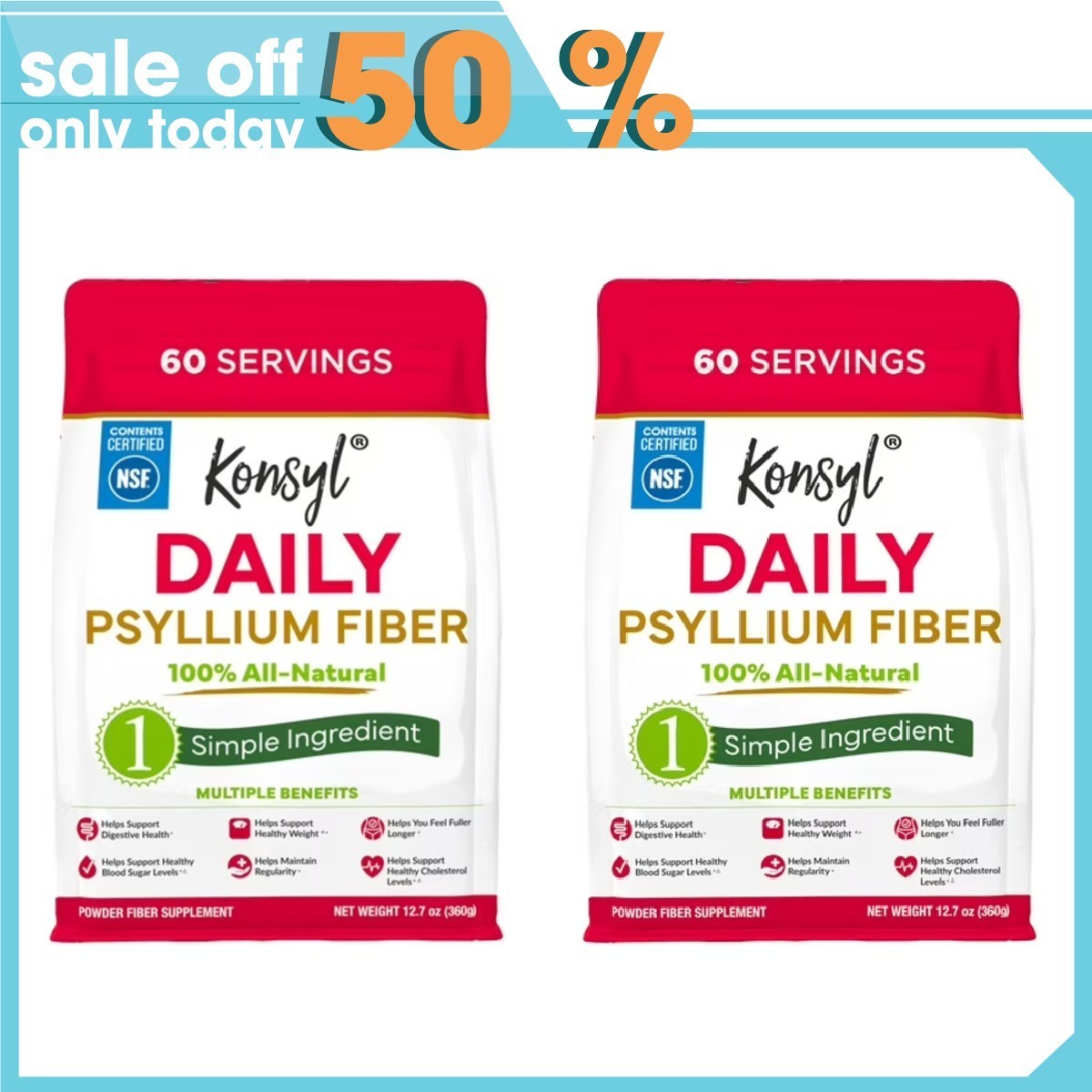 2P Konsyl Daily Psyllium Fiber Powder 12.7oz 100% All-Natural Digestive Health-N