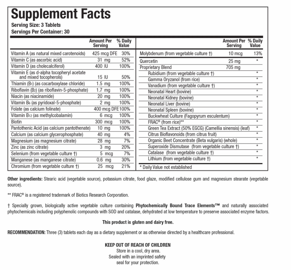 Vit-A Gland Multivitamin Minerals Glandular Support Beet Concentrate Catalase