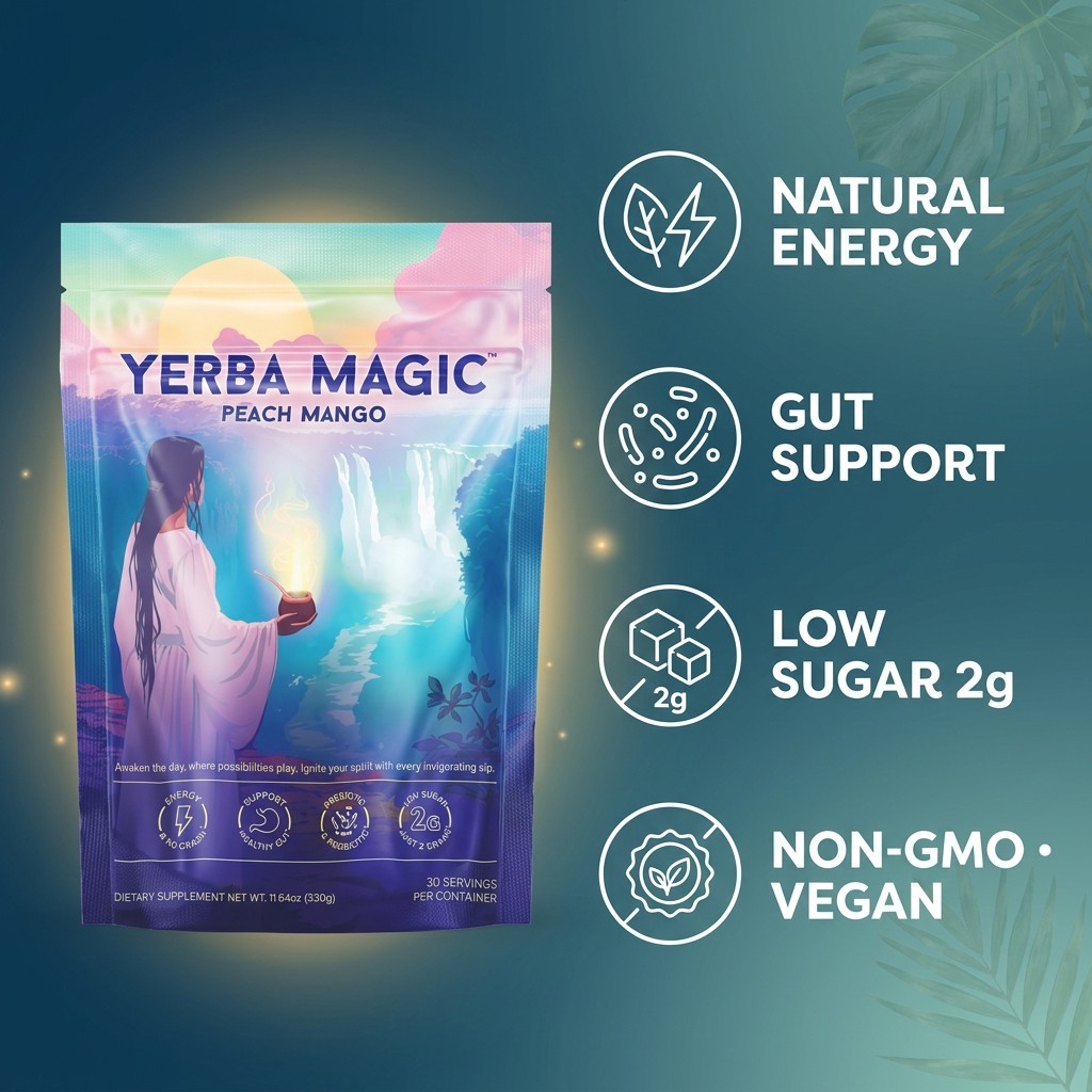 Pure Yerba Mate Instant Powder Peach Mango Gut Probiotic 30 Servings