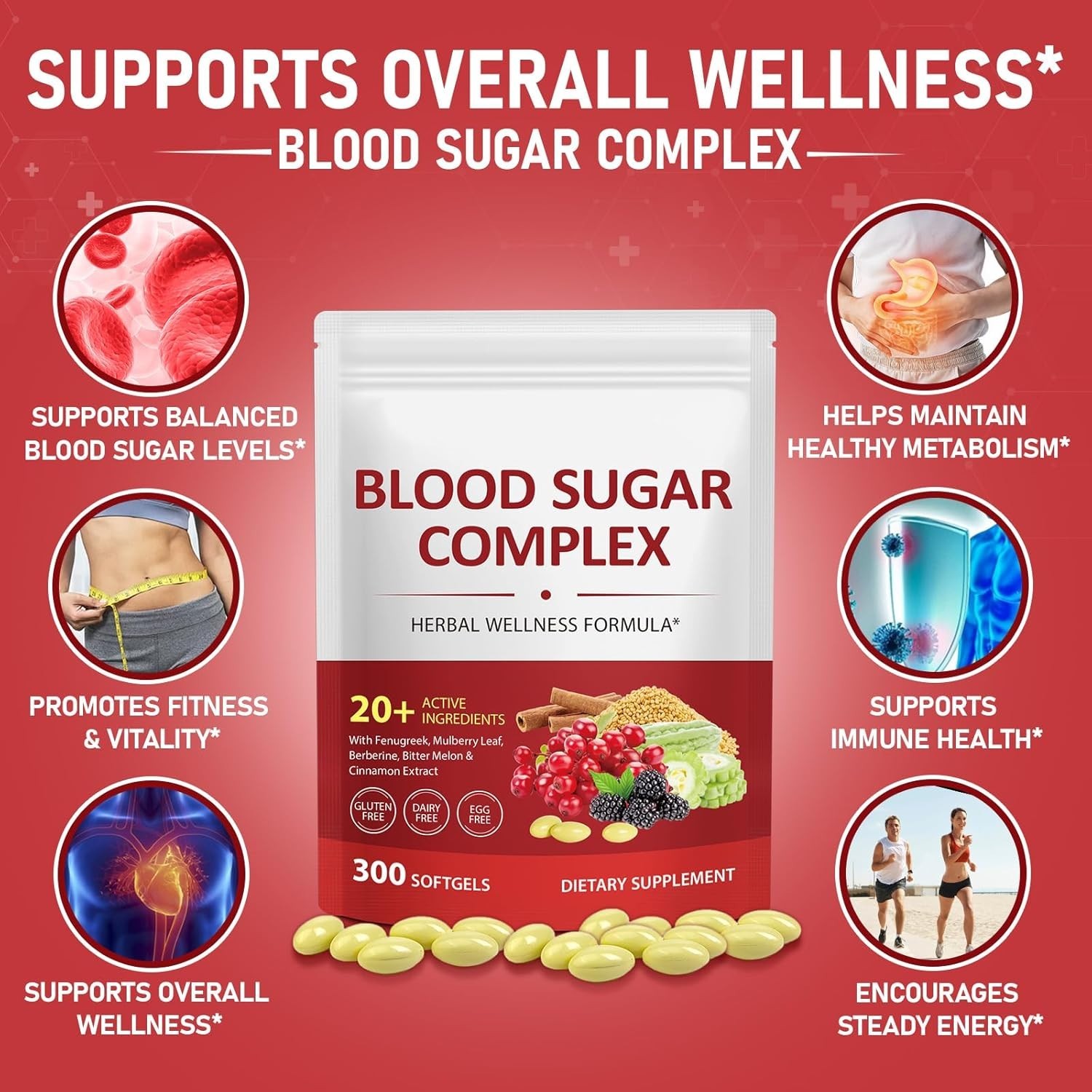 Blood Sugar Complex Supplement – 300 Softgels with 20+ Natural Ingredients