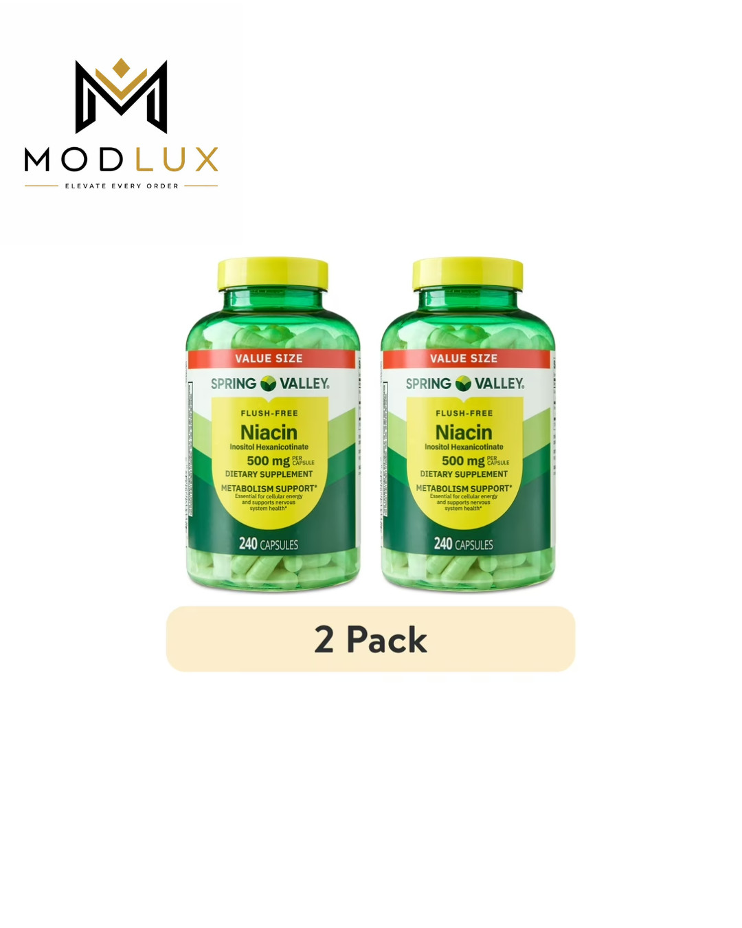 2 Pack Spring Valley Flush Free Niacin 500mg Metabolism Capsules, 240 Count
